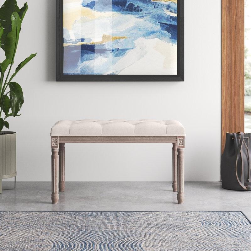 Bej Keten Kapitoneli Eskitme Tasarım Masif Ahşap Bench - 120 cm - 164479