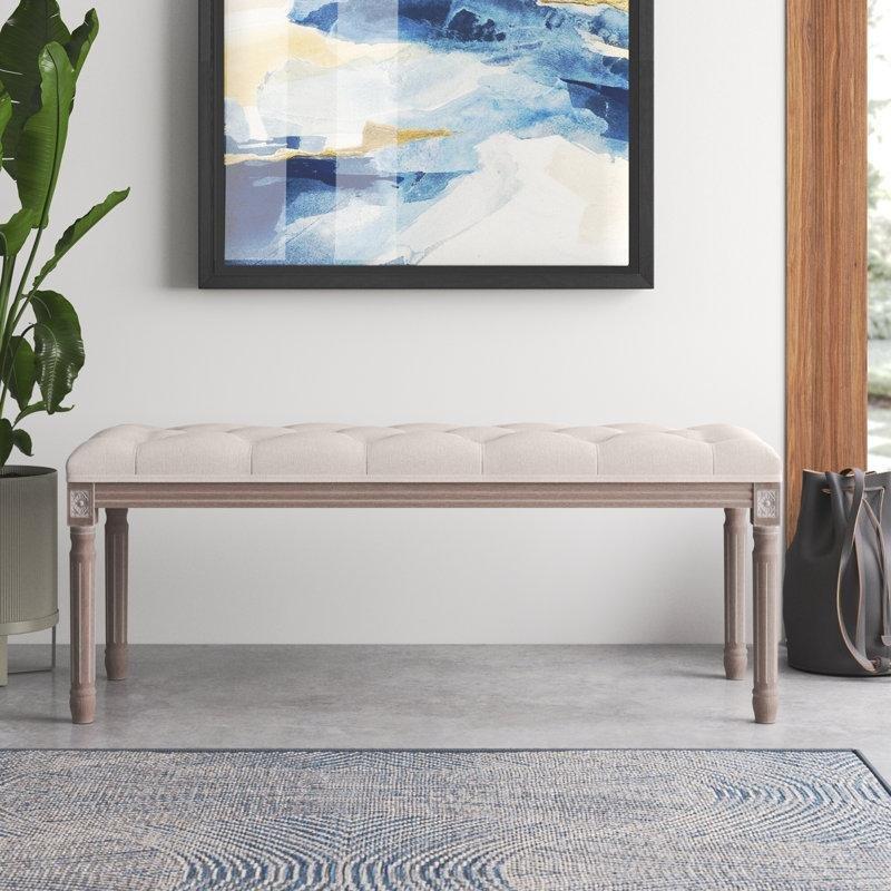 Bej Keten Kapitoneli Eskitme Tasarım Masif Ahşap Bench - 120 cm - 164479