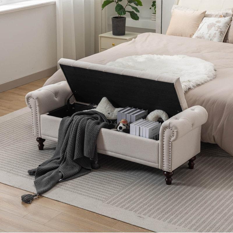 Bej Keten Kapitoneli Sandıklı Kollu Bench - 148 cm - 164692