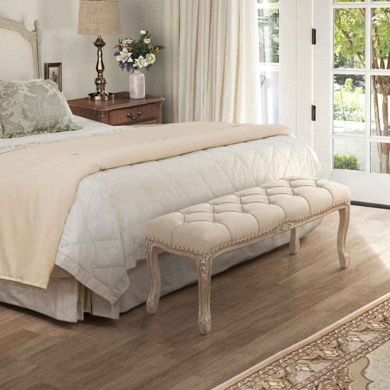 Bej Keten Kapitoneli Zımba Detaylı Masif Ahşap Bench - 115 cm - 164590
