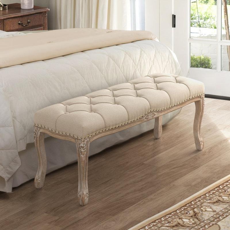 Bej Keten Kapitoneli Zımba Detaylı Masif Ahşap Bench - 115 cm - 164590