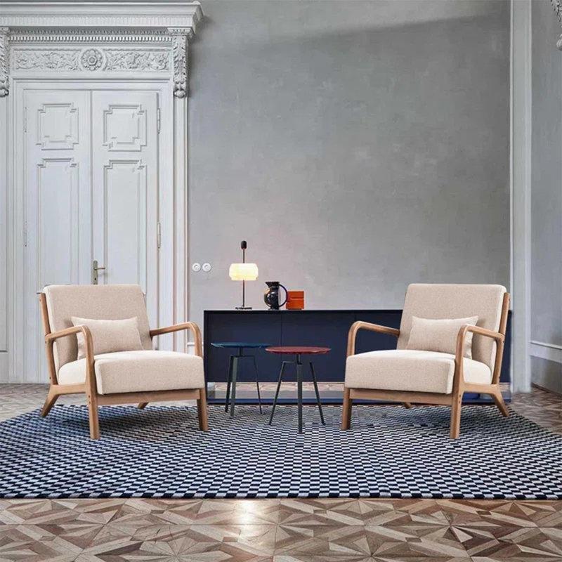 Bej Keten Karışımı Masif Meşe Ahşap Kırlentli 2li Set Tekli Koltuk - 67 cm - 202899