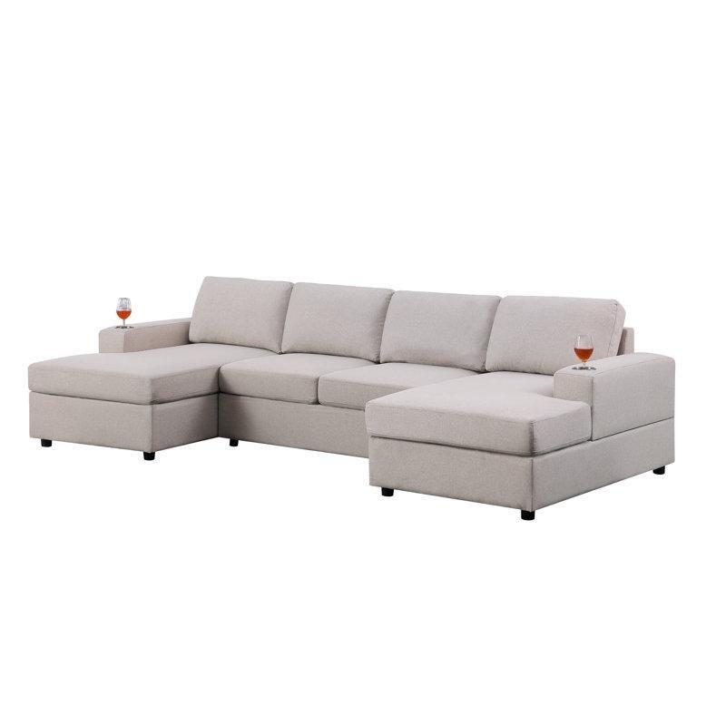 Bej Keten Karışımlı Kumaş Modüler Bardaklıklı U Şekilli Köşe Koltuk - 308x140 cm - 194584