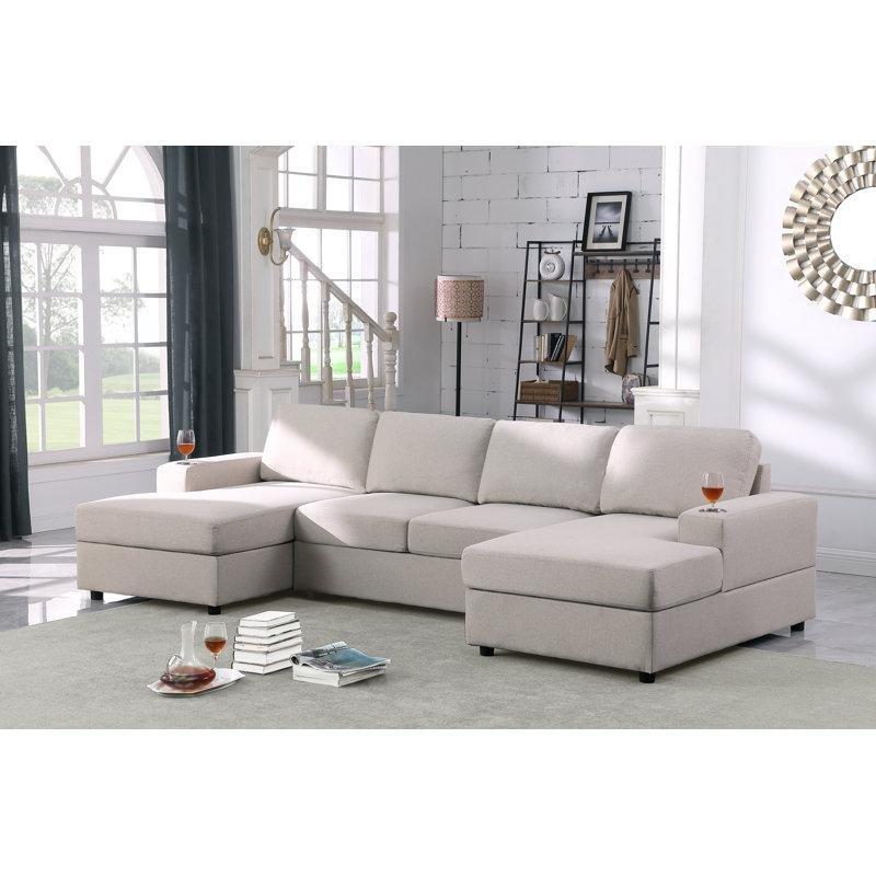 Bej Keten Karışımlı Kumaş Modüler Bardaklıklı U Şekilli Köşe Koltuk - 308x140 cm - 194584