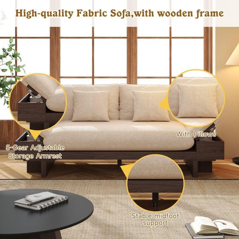 Bej Keten Kumaş Ayarlanabilir Saklama Bölmeli Kolçaklı Üçlü Koltuk - 220 cm - 196295