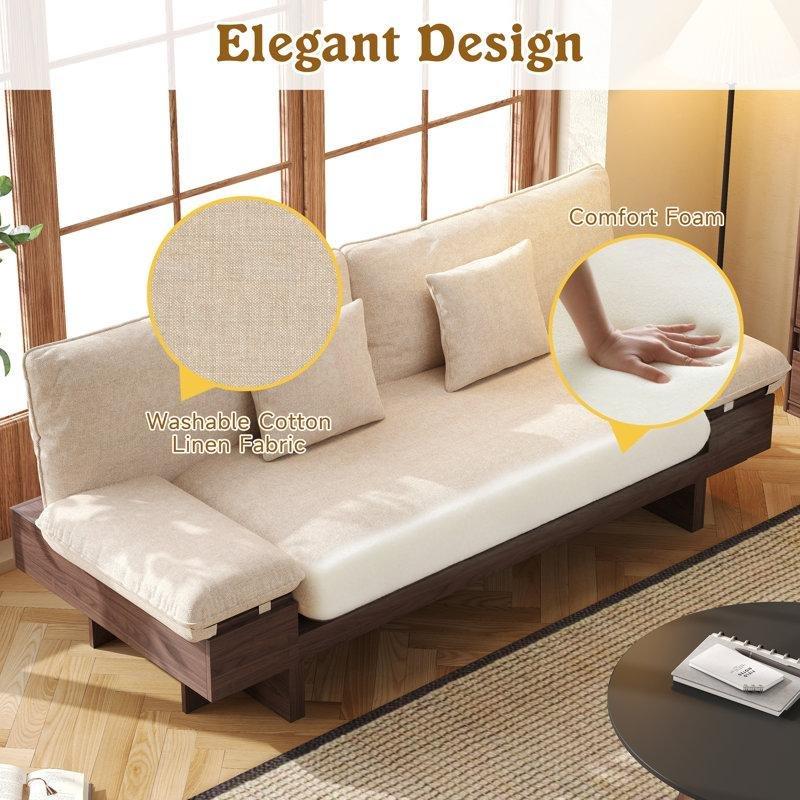 Bej Keten Kumaş Ayarlanabilir Saklama Bölmeli Kolçaklı Üçlü Koltuk - 220 cm - 196295