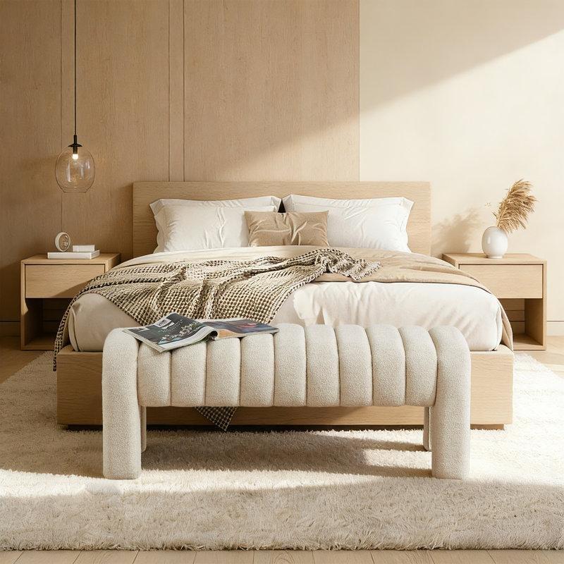 Bej Keten Kumaş Dikey Kapitoneli Masif Ahşap Bench - 111 cm - 164752