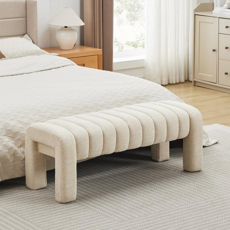 Bej Keten Kumaş Dikey Kapitoneli Masif Ahşap Bench - 111 cm - 164752