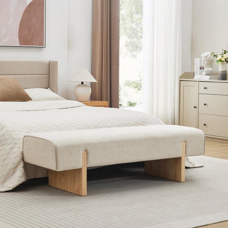 Bej Keten Kumaş Döşemeli Masif Ahşap Bench - 140 cm - 164356