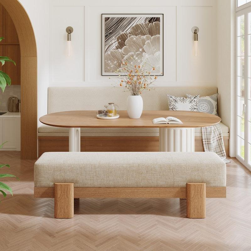 Bej Keten Kumaş Döşemeli Meşe Rengi MDF Bench - 140 cm - 164110