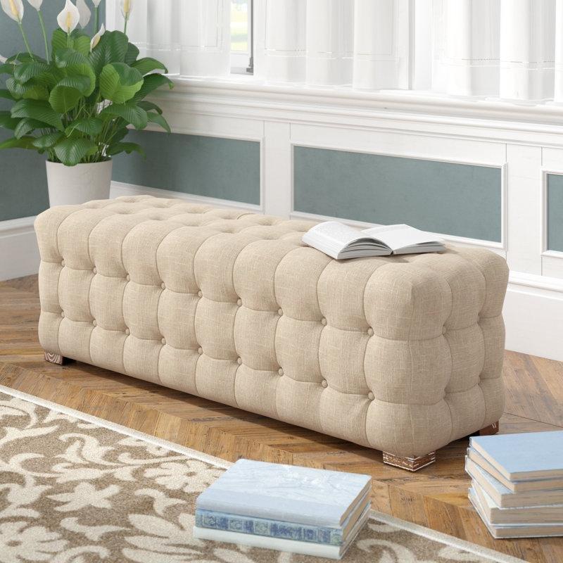 Bej Keten Kumaş Kapitoneli Ahşap Ayaklı Bench - 148 cm - 164293