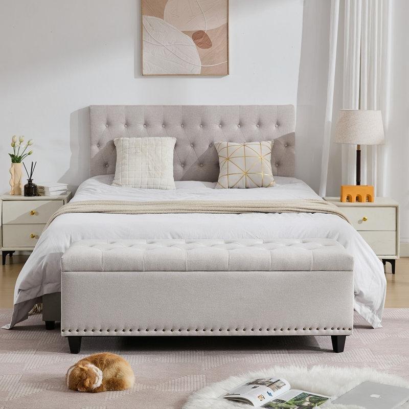 Bej Keten Kumaş Kapitoneli Zımba Detaylı Sandıklı Puf - 129 cm - 165058