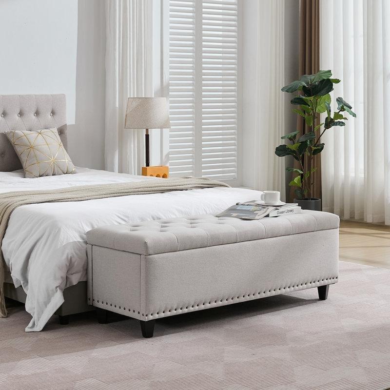 Bej Keten Kumaş Kapitoneli Zımba Detaylı Sandıklı Puf - 129 cm - 165058
