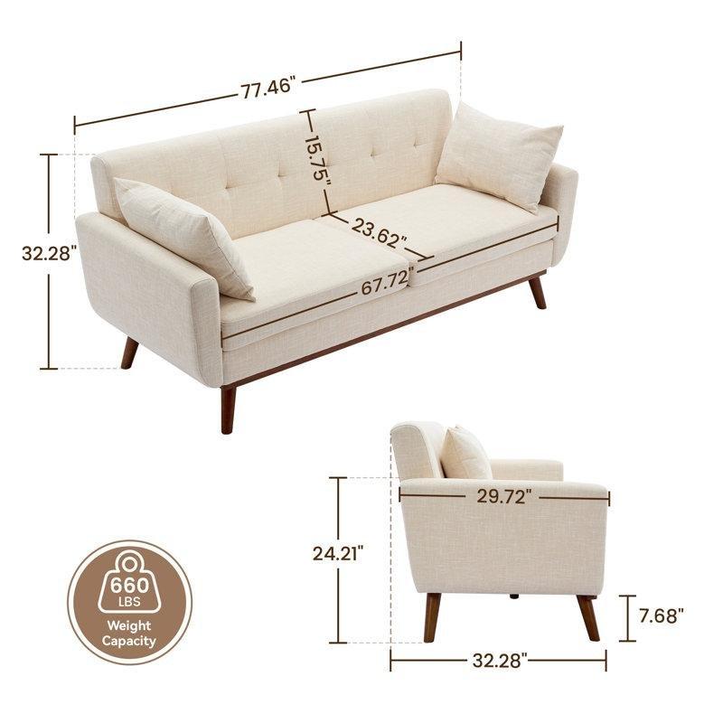 Bej Keten Kumaş Masif Ahşap Kapitoneli Sırtlı Koltuk - 199 cm - 197537