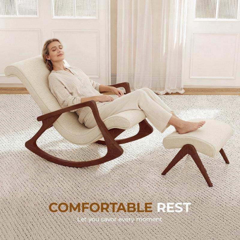 Bej Keten Kumaş Masif Dişbudak Puflu Ergonomik Sallanan Sandalye - 102 cm - 217924