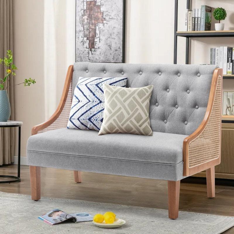 Bej Keten Masif Ahşap Rattan Detaylı İkili Koltuk - 122 cm - 206939