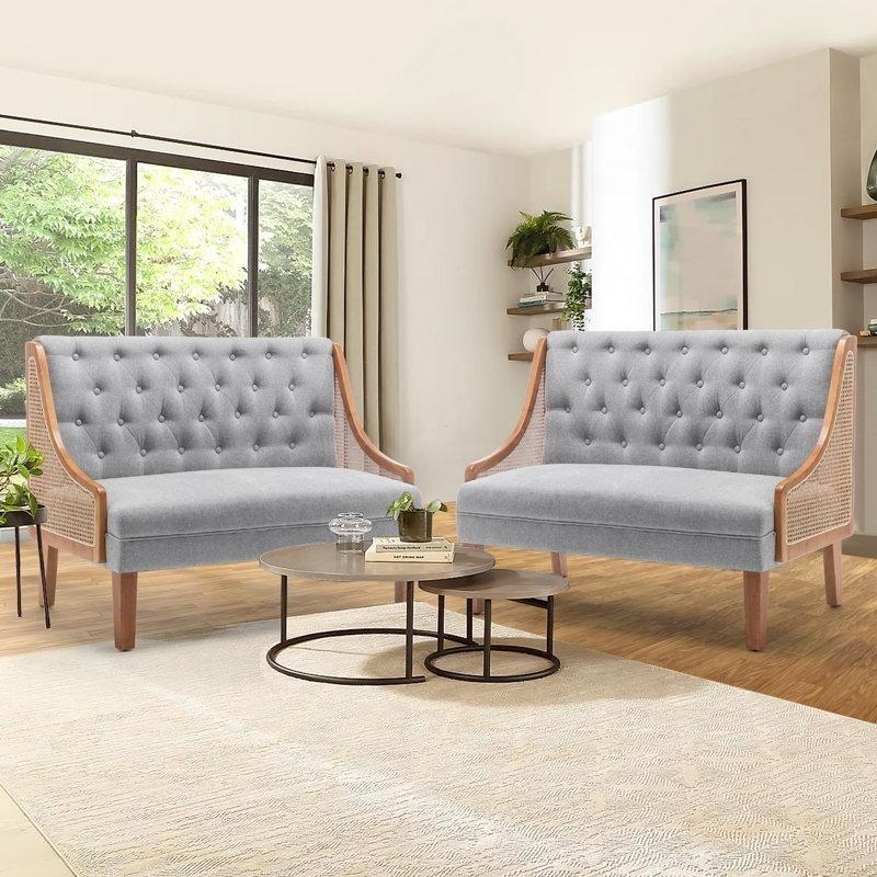 Bej Keten Masif Ahşap Rattan Detaylı İkili Koltuk - 122 cm - 206939