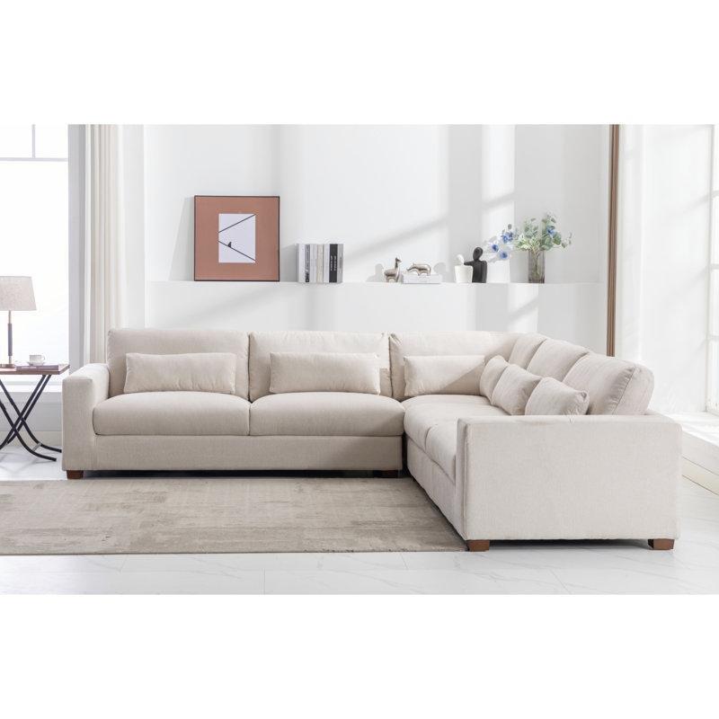 Bej Kumaş Ahşap Ayaklı 6 Kırlentli Modüler Köşe Koltuk Takımı - 302x302 cm - 195104