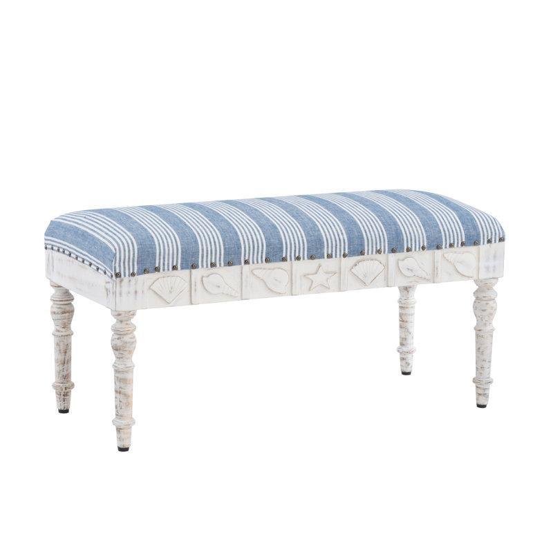 Bej Kumaş Döşemeli El Oyması Deniz Kabuğu Motifli Masif Mango Ahşap Bench - 92 cm - 164470