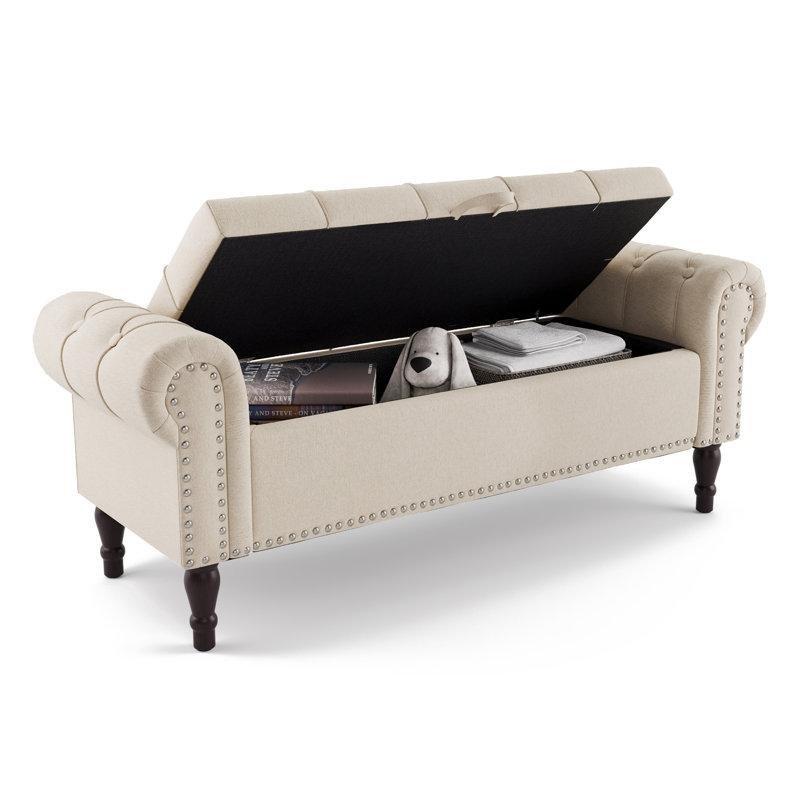 Bej Kumaş Döşemeli Sandıklı Masif Ahşap Kollu Bench - 129 cm - 164581