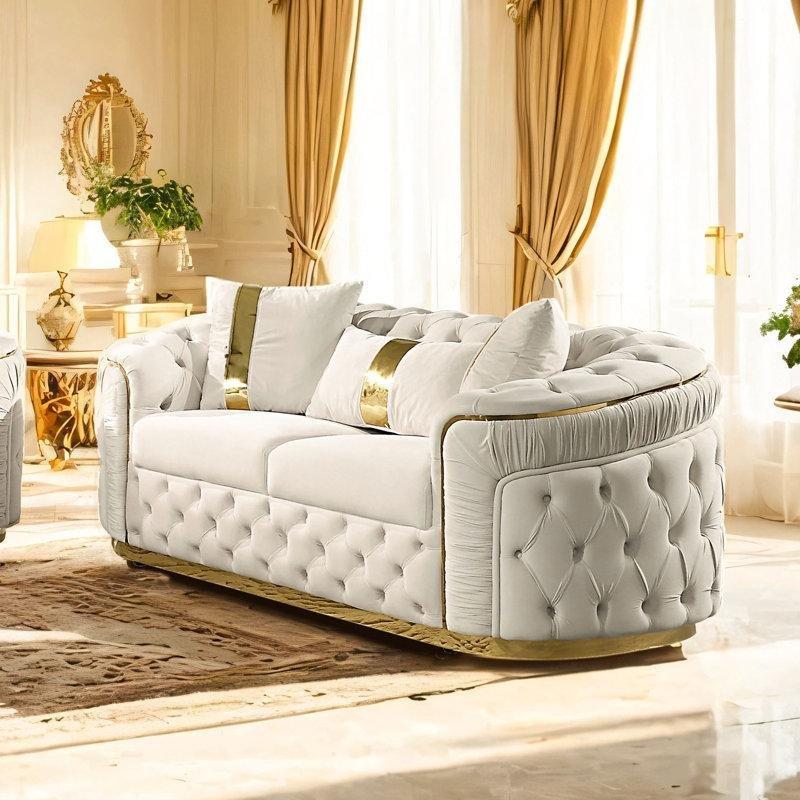 Bej Kumaş Kapitoneli Gold Ayaklı İkili Koltuk - 185 cm - 206495