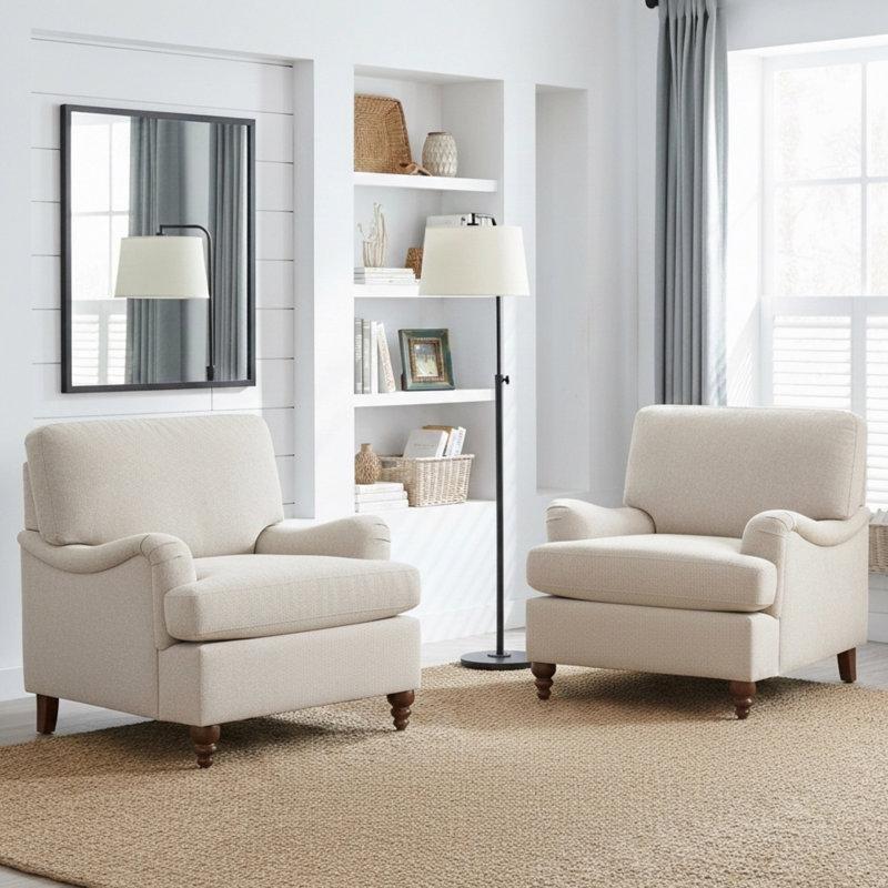 Bej Kumaş Masif Ahşap Ayaklı İngiliz Roll Kollu 2li Set Tekli Koltuk - 203339