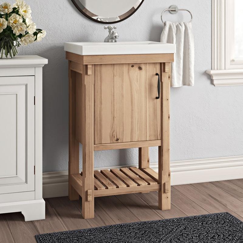 Bej Masif Ahşap Ayaklı Entegre Lavabolu Banyo Lavabo Dolabı - 50 cm - 201890