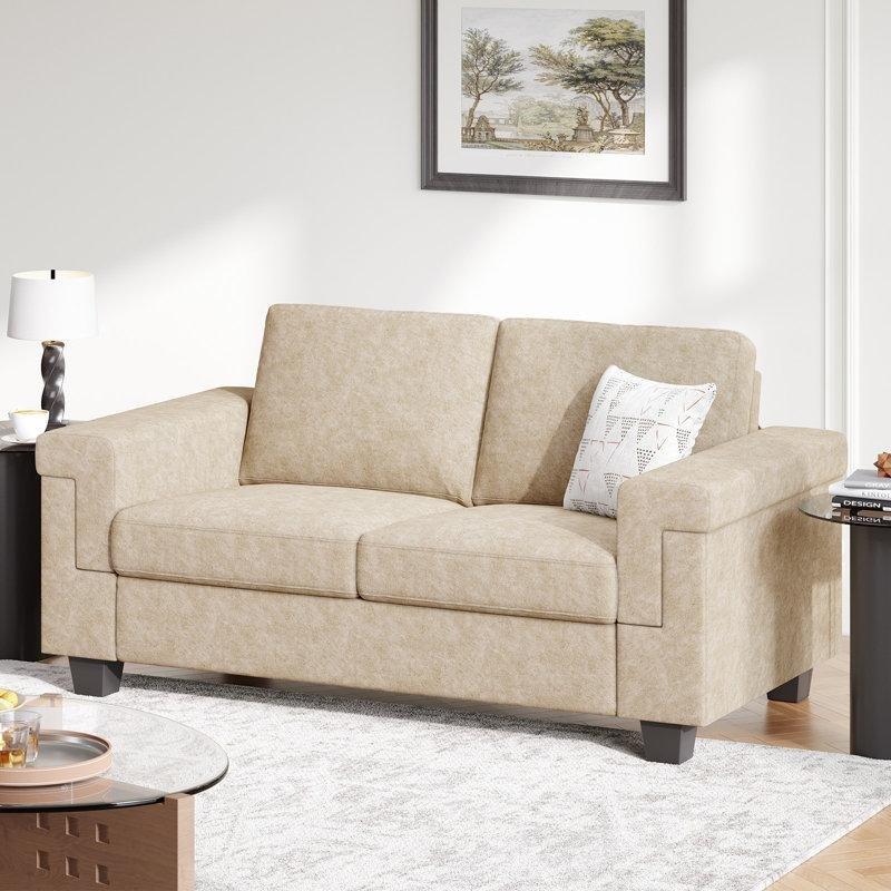 Bej Masif Ahşap Çıkarılabilir Kılıflı İkili Koltuk - 164 cm - 206141