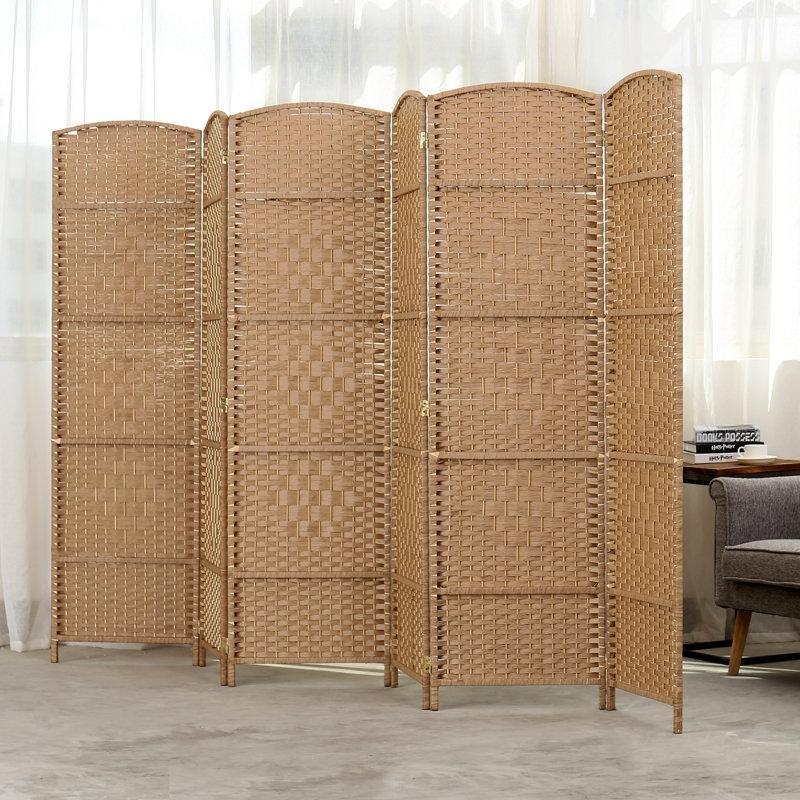 Bej Masif Ahşap Dokuma Desenli 6 Panelli Katlanır Paravan - 300x181 cm - 184596