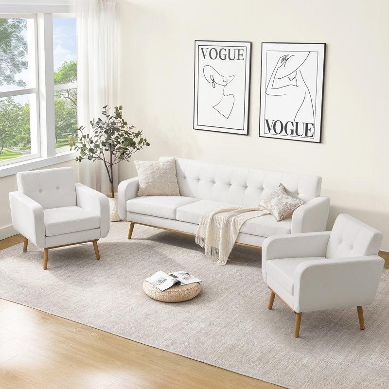 Bej Masif Ahşap İskeletli Kapitoneli Koltuk Takımı - 191870