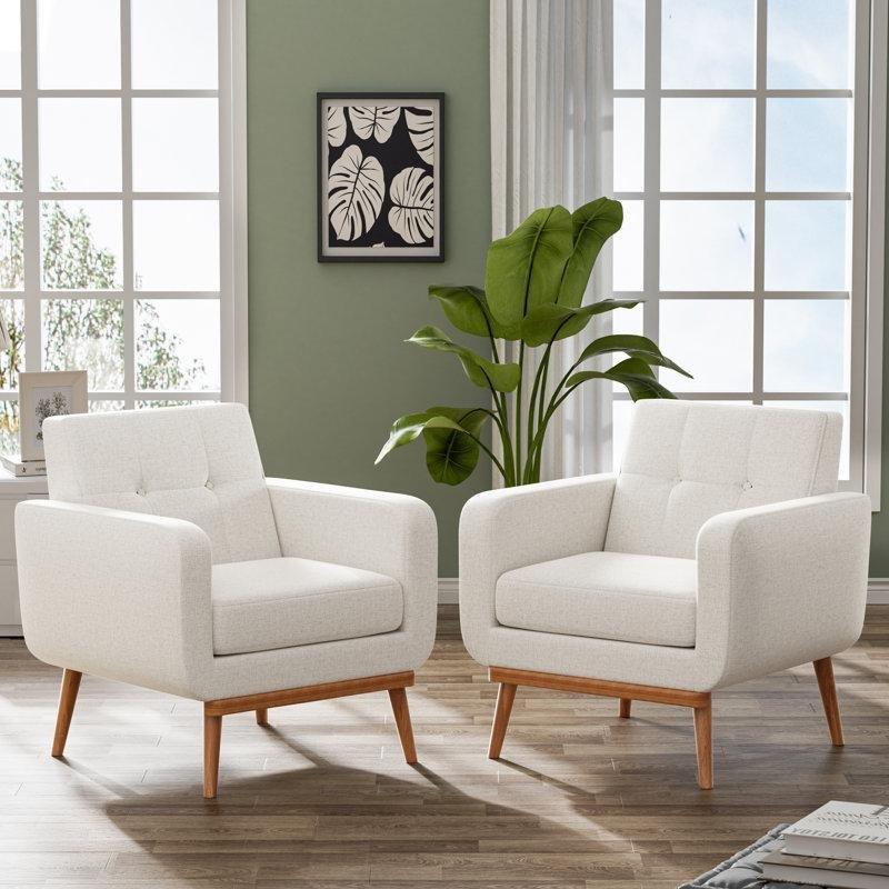 Bej Masif Ahşap Kapitoneli 2li Set Tekli Koltuk - 203109