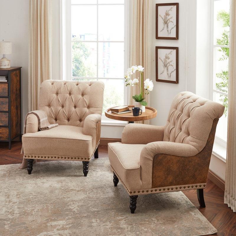 Bej Masif Ahşap Kapitoneli Zımba Detaylı 2li Set Tekli Koltuk - 80 cm - 204756