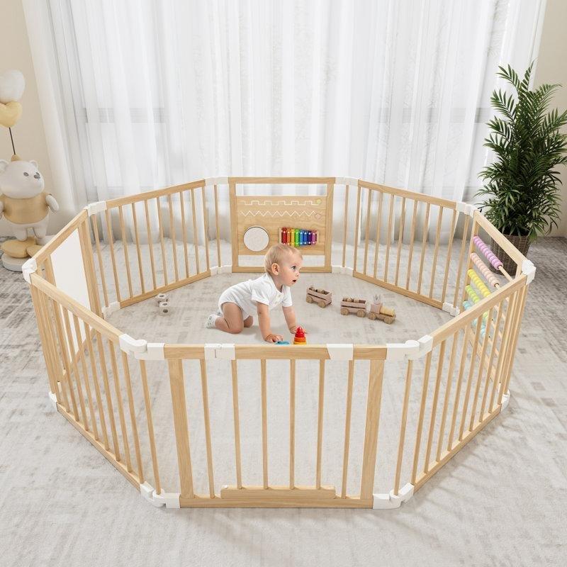 Bej Masif Ahşap Katlanabilir Ayarlanabilir Montessori Aktivite Panelli Bebek Oyun Alanı - 181301