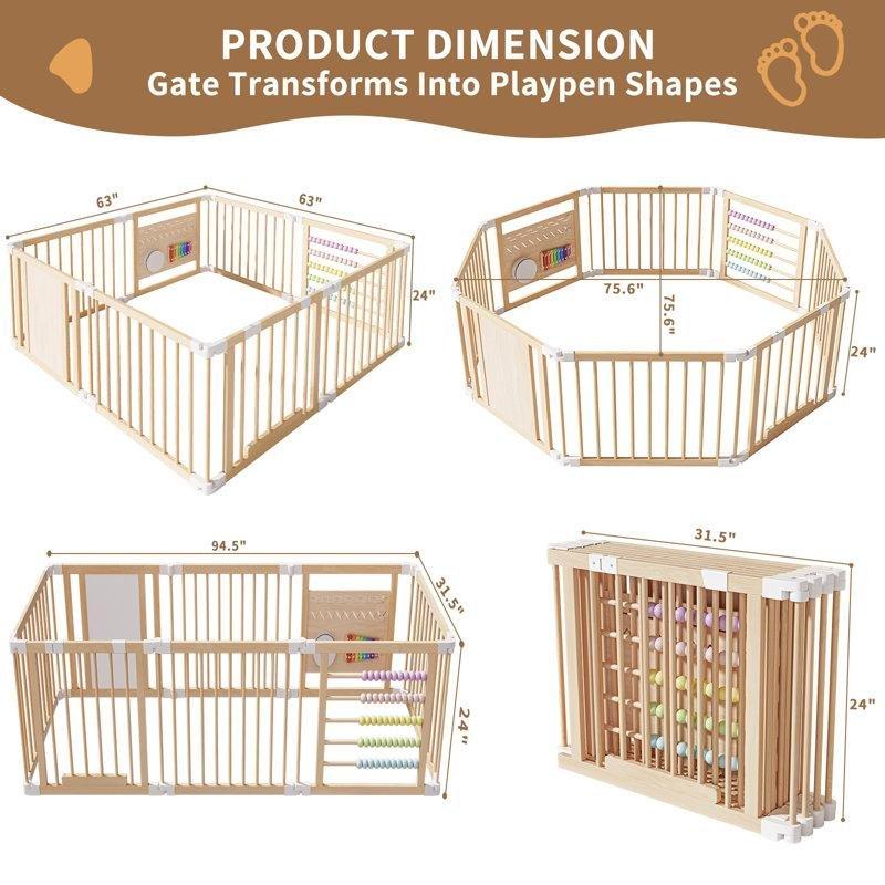 Bej Masif Ahşap Katlanabilir Ayarlanabilir Montessori Aktivite Panelli Bebek Oyun Alanı - 181301