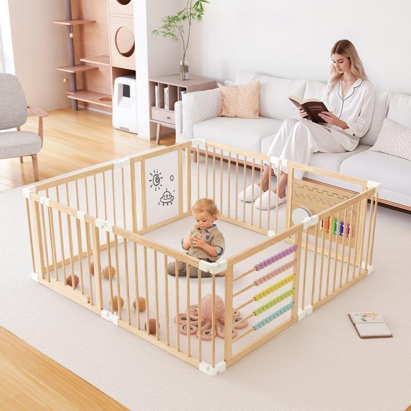 Bej Masif Ahşap Katlanabilir Ayarlanabilir Montessori Aktivite Panelli Bebek Oyun Alanı - 181301