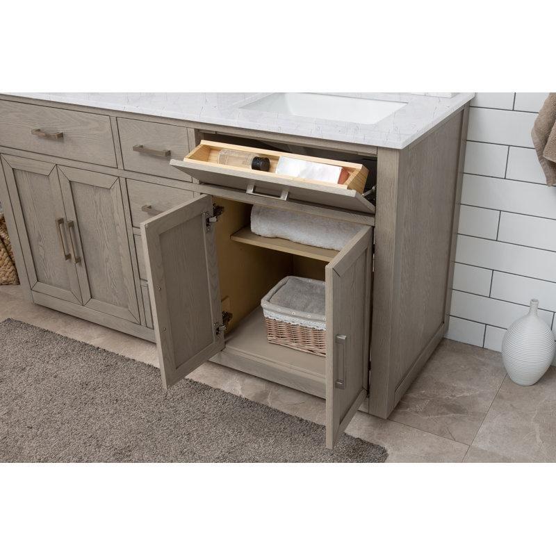Bej Masif Ahşap Kuvars Tezgahlı Çift Lavabolu Yavaş Kapanır Banyo Lavabo Dolabı - 153 cm - 201374