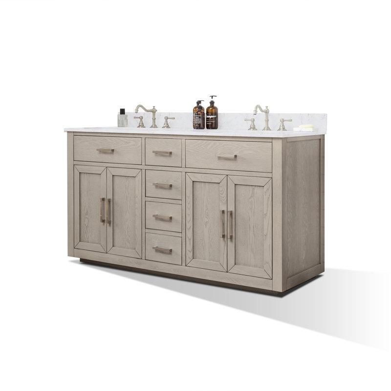 Bej Masif Ahşap Kuvars Tezgahlı Çift Lavabolu Yavaş Kapanır Banyo Lavabo Dolabı - 153 cm - 201374