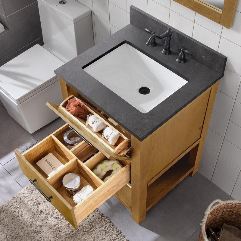 Bej Masif Ahşap Mavi Kalker Tezgahlı Banyo Lavabo Dolabı - 61 cm - 199617