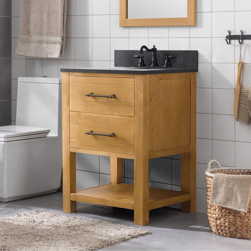Bej Masif Ahşap Mavi Kalker Tezgahlı Banyo Lavabo Dolabı - 61 cm - 199617
