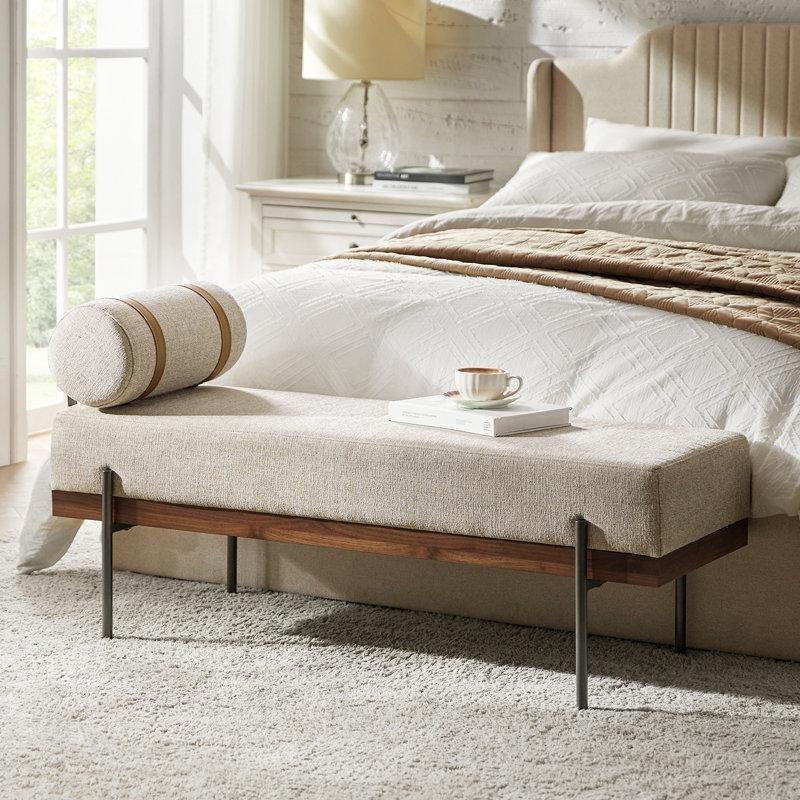 Bej Masif Ahşap Metal Ayaklı Yastıklı Bench - 122 cm - 164722