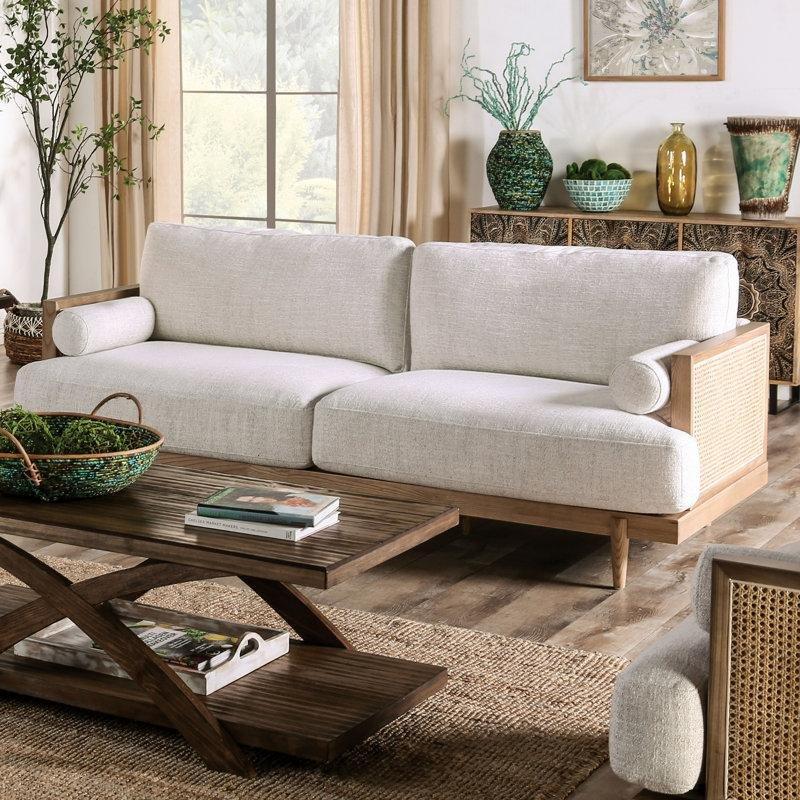 Bej Masif Ahşap Rattan Yan Panelli Konik Ayaklı İkili Koltuk - 221 cm - 205550