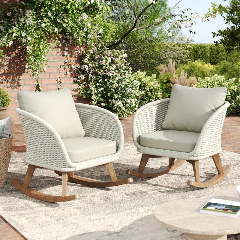 Bej Masif Ahşap ve PE Rattan Minderli 2li Set Sallanan Sandalye - 219212