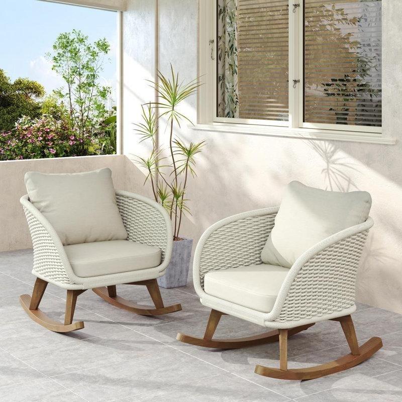 Bej Masif Ahşap ve PE Rattan Minderli 2li Set Sallanan Sandalye - 219212