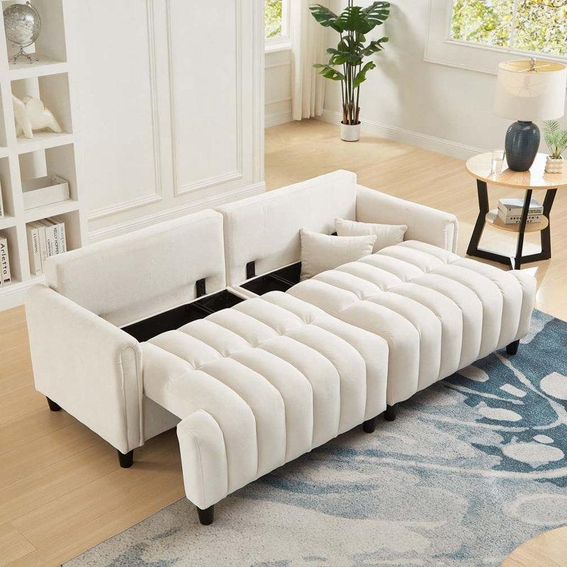 Bej Masif Ahşap Yatak Olabilen Sandıklı İkili Koltuk - 211 cm - 206601