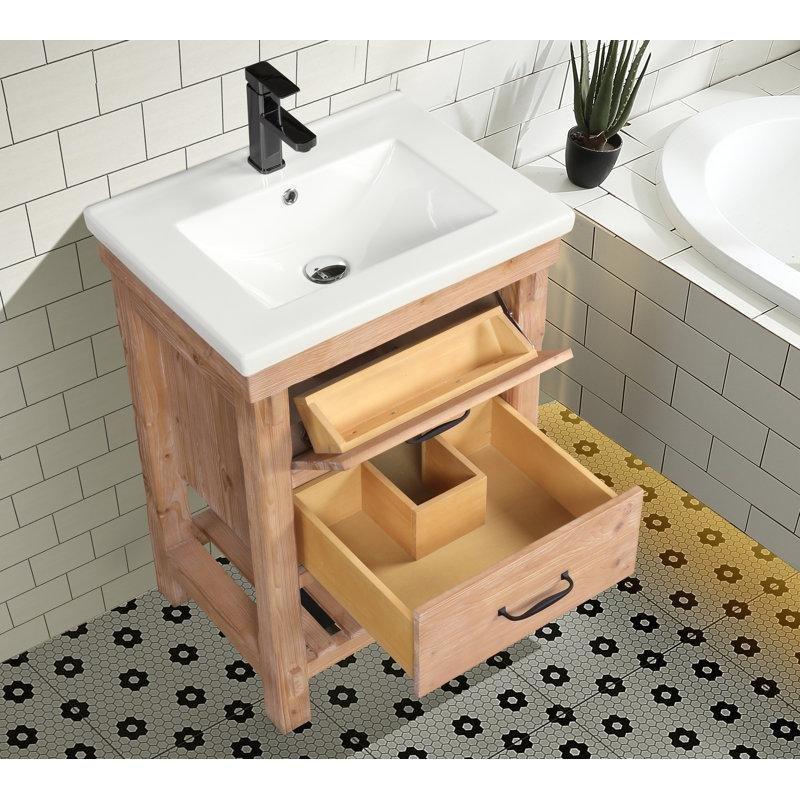 Bej Masif Akasya Ağacı Seramik Tezgahlı Ayaklı Çekmeceli Banyo Lavabo Dolabı - 61 cm - 199317