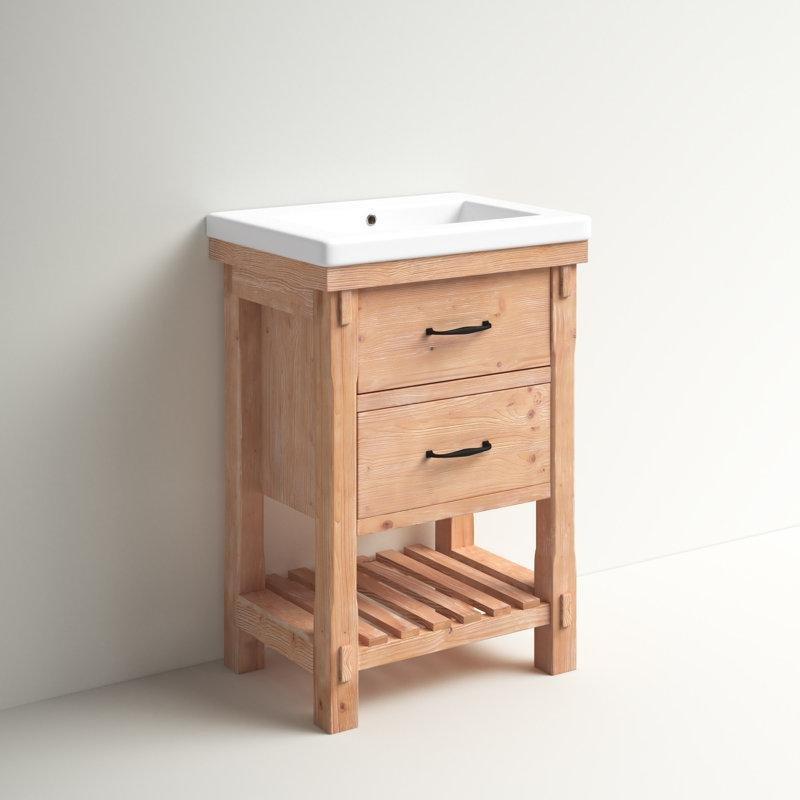 Bej Masif Akasya Ağacı Seramik Tezgahlı Ayaklı Çekmeceli Banyo Lavabo Dolabı - 61 cm - 199317