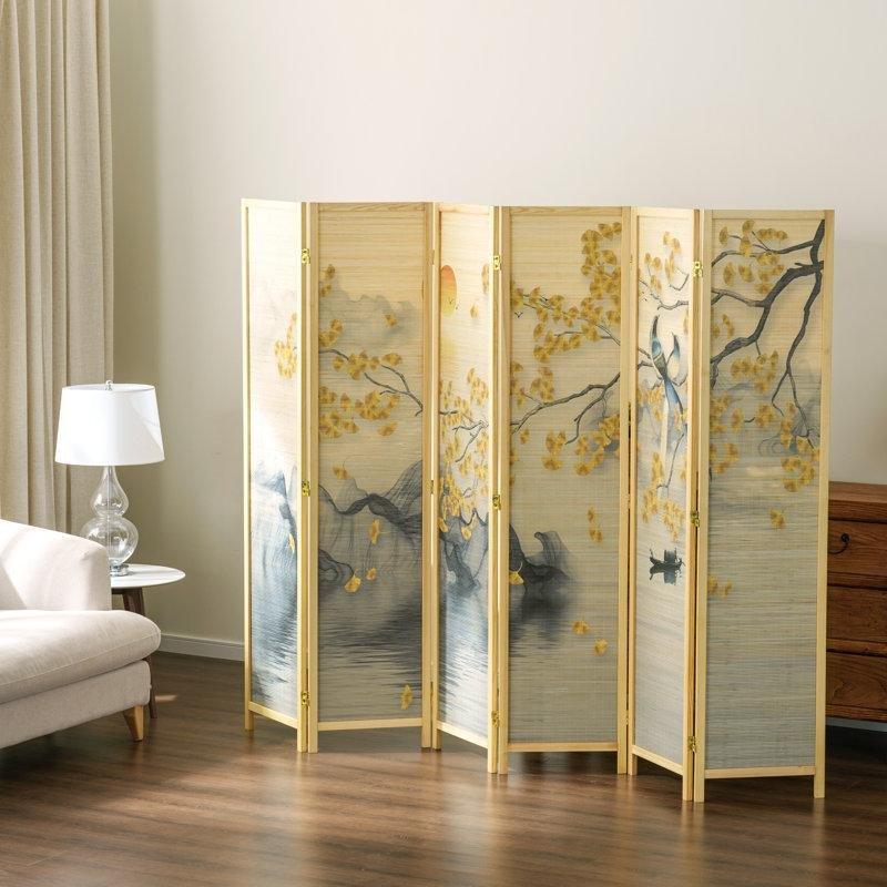 Bej Masif Çam Ahşap 6 Panelli Katlanır Doğa Manzaralı Bambu Paravan - 241x175 cm - 184758