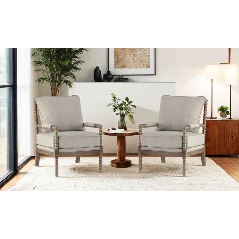 Bej Masif Kauçuk Ağacı İğ Bacaklı Yastık Sırtlı Tekli Koltuk 2li Set - 68 cm - 205189