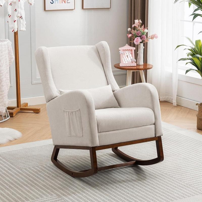 Bej Masif Kauçuk Ağacı Kulaklı Döşemeli Sallanan Sandalye - 95x64x95 cm - 217928