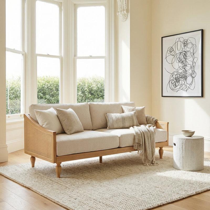 Bej Masif Kauçuk Ağacı PE Rattan Kolçaklı Şönil İkili Koltuk - 205895